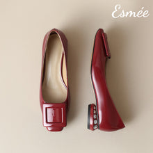 Load image into Gallery viewer, Burgundy-Patent-Leather-Low-Heels-with-Square-Buckle-and-Diamond-Heels-product-shots
