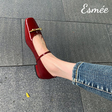 Load image into Gallery viewer, Burgundy-Patent-Leather-Maryjanes-with-Metal-Bar-Design-model-shots
