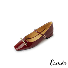 Load image into Gallery viewer, Burgundy-Patent-Leather-Maryjanes-with-Metal-Bar-Design-product-shots-white-background
