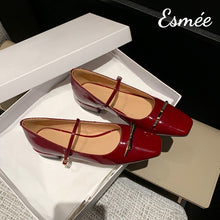 Load image into Gallery viewer, Burgundy-Patent-Leather-Maryjanes-with-Metal-Bar-Design-product-shots
