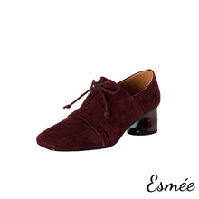 Load image into Gallery viewer, Burgundy-Suede-High-Heel-Oxford-Shoes-woth-Squared-Toe-Design-product-shots-white-background
