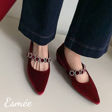 將圖片載入圖庫檢視器 Burgundy-Suede-Maryjanes-with-Rhinestone-Straps-and-3-cm-Invisible-Increased-Height-Design-model-shots
