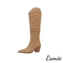 Load image into Gallery viewer, Camel-Suede-Cowboy-Long-Boots-with-Block-Heels-product-shots-white-background
