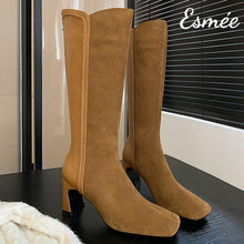 Load image into Gallery viewer, Camel-Suede-Leather-Long-Boots-with-Block-Heels-product-shots
