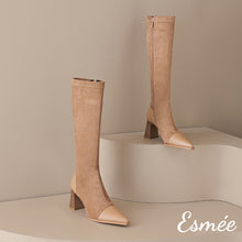 Load image into Gallery viewer, Camel-Suede-Long-Boots-with-Leather-Toe-and-Heel-Cap-product-shots
