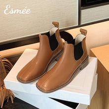 Load image into Gallery viewer, Caramel-Leather-Ankle-Chelsea-Boots-with-Square-Toe-Design-product-shots
