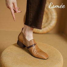 Load image into Gallery viewer, Caramel-Leather-Loafers-with-Strap-and-Ribbon-Design-model-shots
