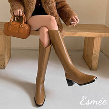 Load image into Gallery viewer, Caramel-Leather-Long-Riding-Boots-with-Block-Heels-model-shots
