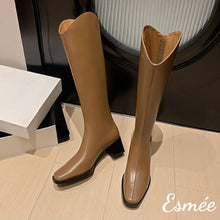 Load image into Gallery viewer, Caramel-Leather-Long-Riding-Boots-with-Block-Heels-product-shots
