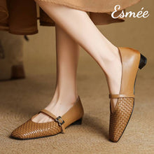 Load image into Gallery viewer, Caramel-Leather-Maryjanes-with-Woven-Design-model-shots
