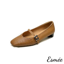 Load image into Gallery viewer, Caramel-Leather-Maryjanes-with-Woven-Design-product-shots-white-background

