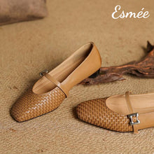Load image into Gallery viewer, Caramel-Leather-Maryjanes-with-Woven-Design-product-shots
