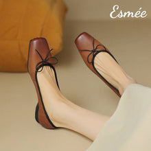 Load image into Gallery viewer, Caramel-Leather-Squared-Toe-Ballets-with-Vintage-and-Bow-Knot-Design-model-shots
