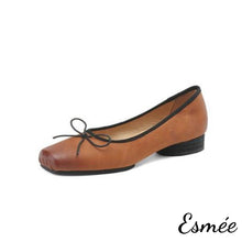 Load image into Gallery viewer, Caramel-Leather-Squared-Toe-Ballets-with-Vintage-and-Bow-Knot-Design-product-shots-white-background
