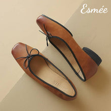 Load image into Gallery viewer, Caramel-Leather-Squared-Toe-Ballets-with-Vintage-and-Bow-Knot-Design-product-shots
