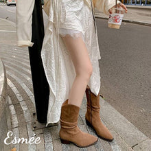 Load image into Gallery viewer, Caramel-Suede-Pointed-Toe-Riding-Boots-model-shots
