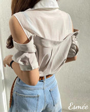 Load image into Gallery viewer, Celadon-Dual-Color-Shirt-with-Off-Shoulder-Design-model-shots-1
