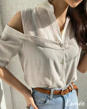 Load image into Gallery viewer, Celadon-Dual-Color-Shirt-with-Off-Shoulder-Design-model-shots-2
