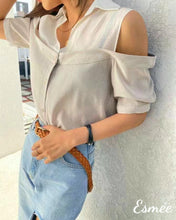 Load image into Gallery viewer, Celadon-Dual-Color-Shirt-with-Off-Shoulder-Design-model-shots
