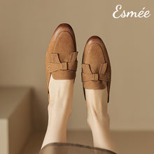 Load image into Gallery viewer, Chestnut-Leather-Mules-with-Bow-Knot-Design-model-shots
