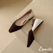 Load image into Gallery viewer, Chocolate-Dual-Color-Leather-Low-Heels-with-D_Orsay-Design-product-shots
