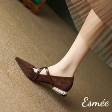 將圖片載入圖庫檢視器 Dark-Brown-Suede-Flats-wtih-X-Straps-and-Pearl-Heels-model-shots
