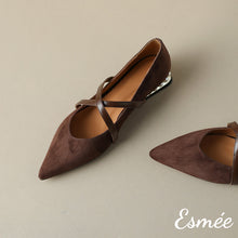 Load image into Gallery viewer, Dark-Brown-Suede-Flats-wtih-X-Straps-and-Pearl-Heels-product-shots
