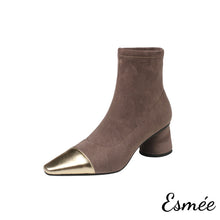 Load image into Gallery viewer, Suede Ankle Boots with Metallic Toe Cap and Cylinder Heels
