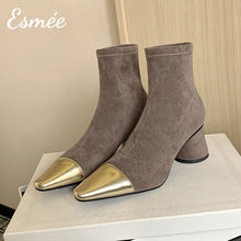 Load image into Gallery viewer, Suede Ankle Boots with Metallic Toe Cap and Cylinder Heels
