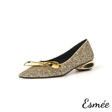 將圖片載入圖庫檢視器 Gold-Glitter-Low-Heels-with-Bow-Knot-and-Special-Designed-Heels-product-shots-white-background
