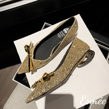 Load image into Gallery viewer, Gold-Glitter-Low-Heels-with-Bow-Knot-and-Special-Designed-Heels-product-shots
