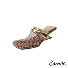 Load image into Gallery viewer, Gold-Leather-High-Heel-Mules-with-Net-Design-product-shots-white-background
