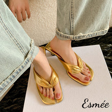 Load image into Gallery viewer, Gold-Leather-High-Heel-Sandals-with-Cloven-Design-model-shots
