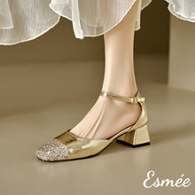 Load image into Gallery viewer, Gold-Leather-High-Heel-Sandals-with-Glitter-Toe-Cap-model-shots
