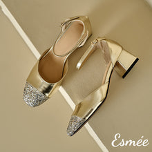 Load image into Gallery viewer, Gold-Leather-High-Heel-Sandals-with-Glitter-Toe-Cap-product-shots
