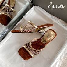 Load image into Gallery viewer, Gold-Leather-High-Heel-Sandals-with-Net-Design-product-shots
