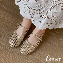 Load image into Gallery viewer, Gold-Leather-Maryjanes-with-Woven-Design-model-shots
