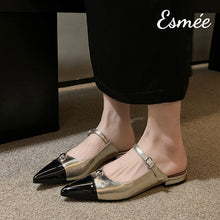 Load image into Gallery viewer, Gold-Leather-Mules-with-Black-Toe-Cap-model-shots
