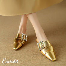 Load image into Gallery viewer, Gold-Leather-Roman-Mules-with-Diamond-Buckle-model-shots
