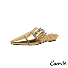 Load image into Gallery viewer, Gold-Leather-Roman-Mules-with-Diamond-Buckle-product-shots-white-background
