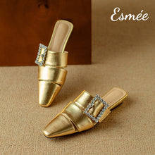 Load image into Gallery viewer, Gold-Leather-Roman-Mules-with-Diamond-Buckle-product-shots
