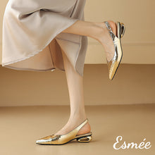 Load image into Gallery viewer, Gold-Patterned-Leather-Slingback-with-Special-Designed-Heels-model-shots
