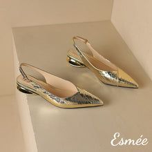 Load image into Gallery viewer, Gold-Patterned-Leather-Slingback-with-Special-Designed-Heels-product-shots
