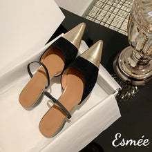 Load image into Gallery viewer, Gold-Suede-Flat-Mules-with-Metallic-Toe-Cap-product-shots
