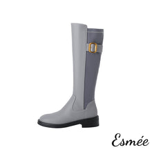 將圖片載入圖庫檢視器 Gray-Blue-Leather-Long-Boots-with-Ribbon-and-Metal-Buckle-Design-product-shots-white-background
