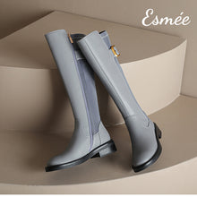 Load image into Gallery viewer, Gray-Blue-Leather-Long-Boots-with-Ribbon-and-Metal-Buckle-Design-product-shots
