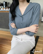 Load image into Gallery viewer, Grayish-Blue-Korean-Chiffon-Blouse-with-Lapel-Design-model-shots-1
