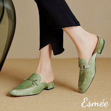 Load image into Gallery viewer, Green-Leather-Mules-with-Horsebit-Design-model-shots
