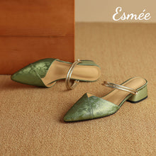 Load image into Gallery viewer, Green-Patterned-Fabrics-High-Heel-Mules-with-Metallic-Double-Straps-product-shots
