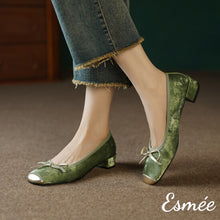 Load image into Gallery viewer, Green-Suede-Ballerina-Low-Heels-with-Golden-Toe-Cap-andBow-Knot-model-shots
